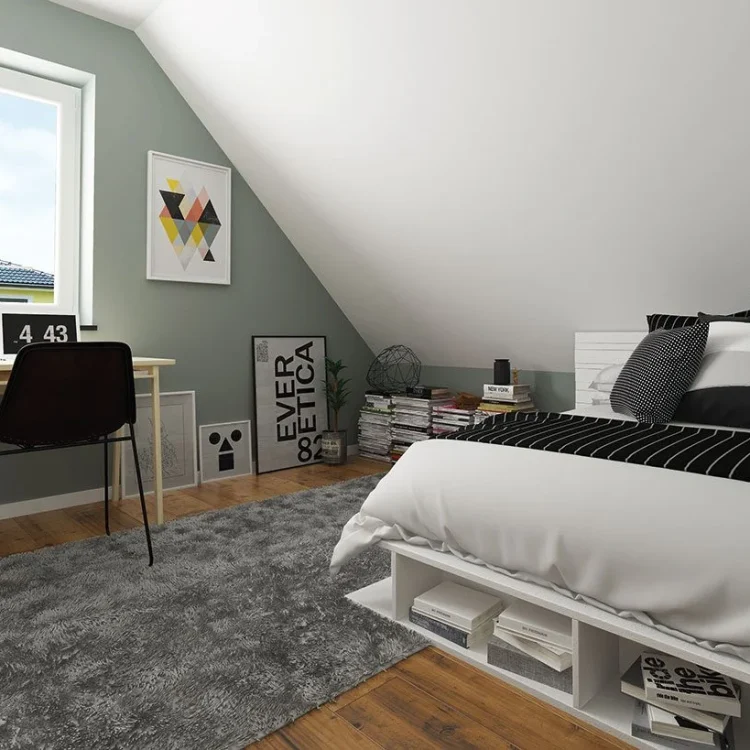 Modernes Jugendzimmer unterm Dach mit weißem Bett, schwarzem Stuhl, geometrischen Wandbildern und grauer Akzentwand