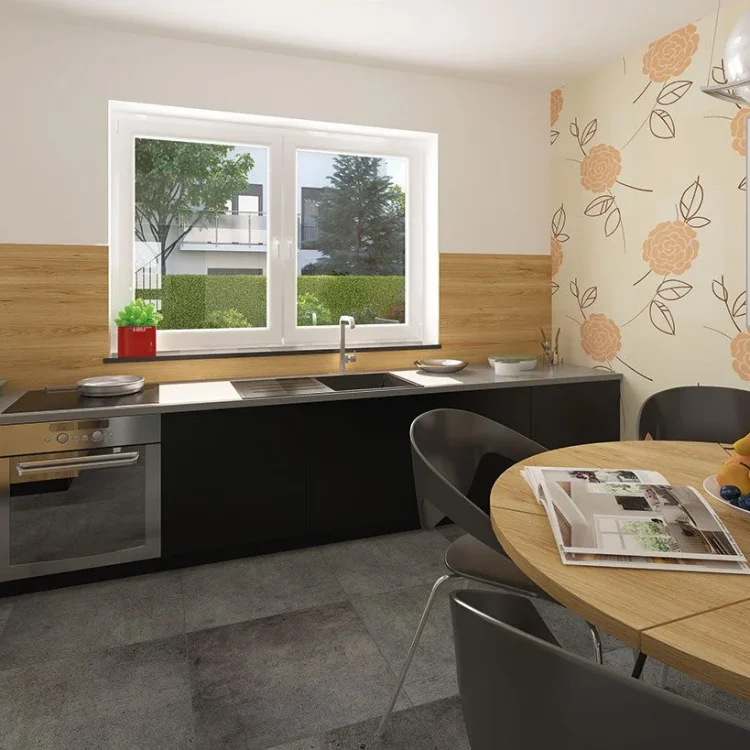 Moderne Küche mit dunklen Fronten, Holzarbeitsplatte, rundem Esstisch und Rosenmotiv-Tapete an der Wand