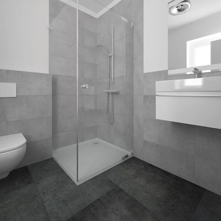 Modernes Badezimmer mit bodengleicher Dusche, wandhängendem WC, weißem Waschtisch und grauen Fliesen