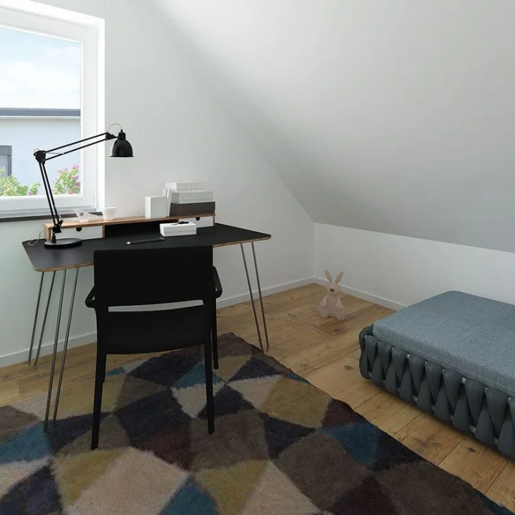 Modernes Kinderzimmer mit Schreibtisch, schwarzem Stuhl, Schreibtischlampe und grauer Sitzbank unter Dachschräge