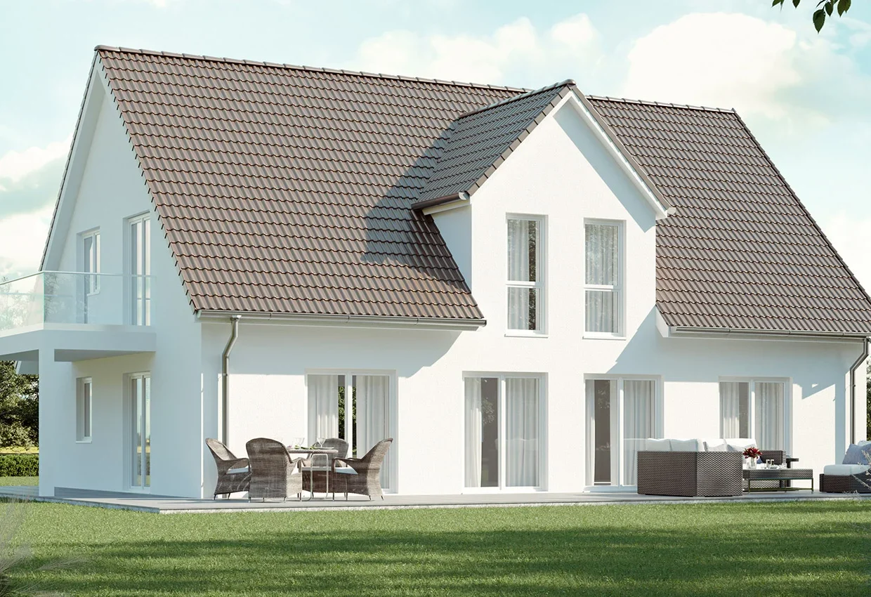 Zweifamilienhaus ZH 210 K mit weißer Fassade, braunem Ziegeldach und Terrasse im grünen Garten