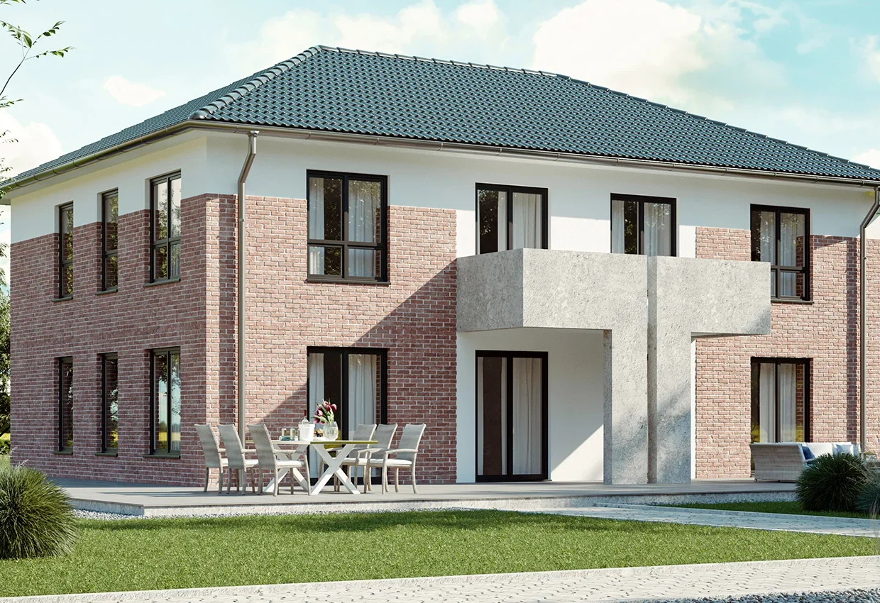 Modernes zweistöckiges Zweifamilienhaus mit Klinker-Putz-Fassade, grauem Walmdach und Gartenterrasse