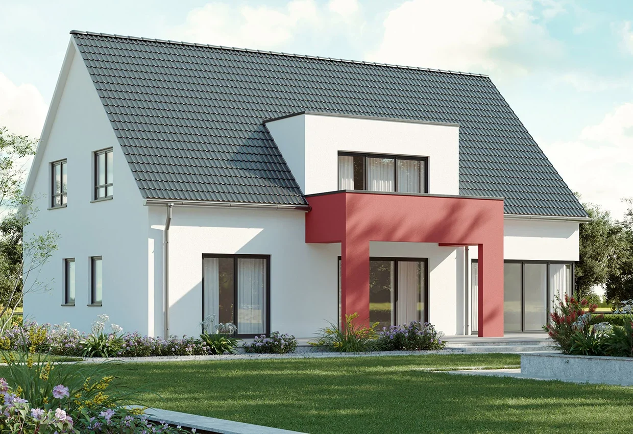 Modernes Zweifamilienhaus mit grauem Satteldach, weißer Fassade und rotem Akzent, umgeben von gepflegtem Garten