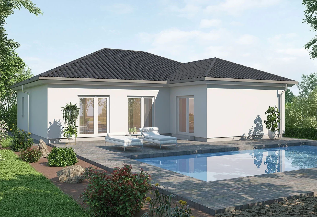 Moderner Bungalow BL 115 mit Pool, Terrasse und gepflegtem Garten in grüner Umgebung