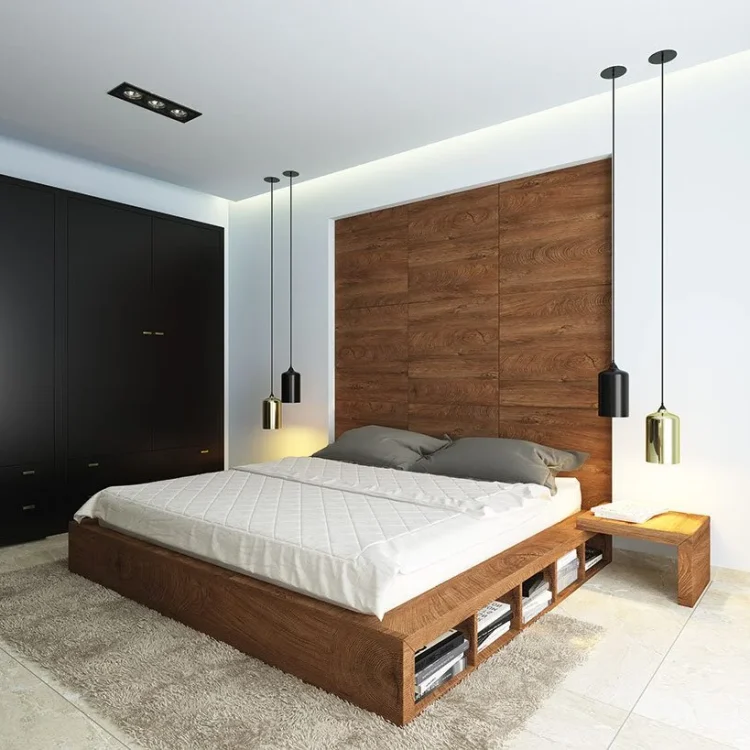 Modernes Schlafzimmer mit Holzbett, schwarzem Kleiderschrank, Pendelleuchten und indirekter LED-Beleuchtung