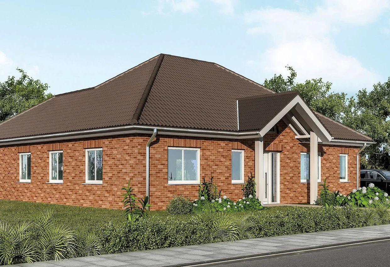 Moderner Bungalow mit roter Klinkerfassade, braunem Walmdach und weißen Fensterrahmen in gepflegter Gartenanlage