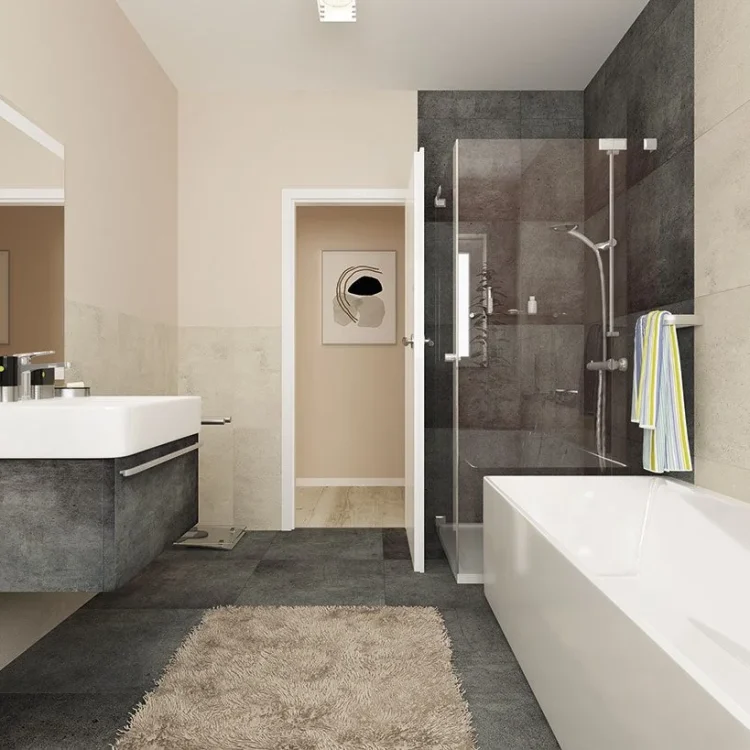 Modernes Badezimmer mit weißer Badewanne, Glasdusche, grauem Waschtisch und beigem Fliesenspiegel