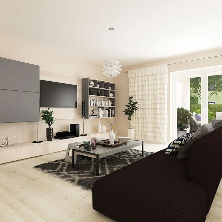 Modernes Wohnzimmer mit dunkelbraunem Sofa, grauer Medienwand, Couchtisch und Terrassenzugang