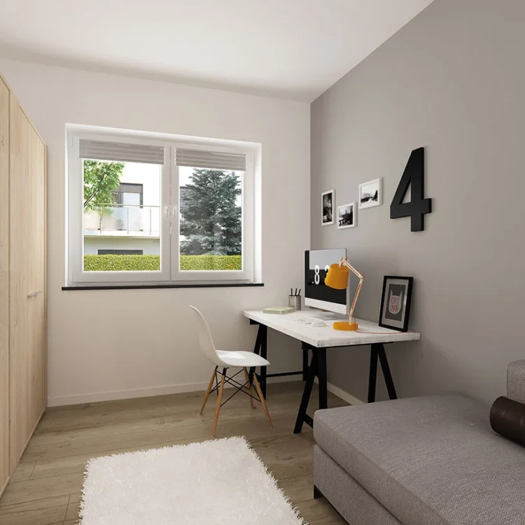 Modernes Homeoffice im Bungalow mit weißem Schreibtisch, orangener Lampe, weißem Stuhl und grauem Sofa