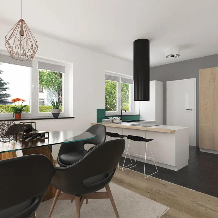 Moderne offene Küche mit Kochinsel, schwarzen Barhockern und kupferfarbener Pendelleuchte in weißem Wohnraum