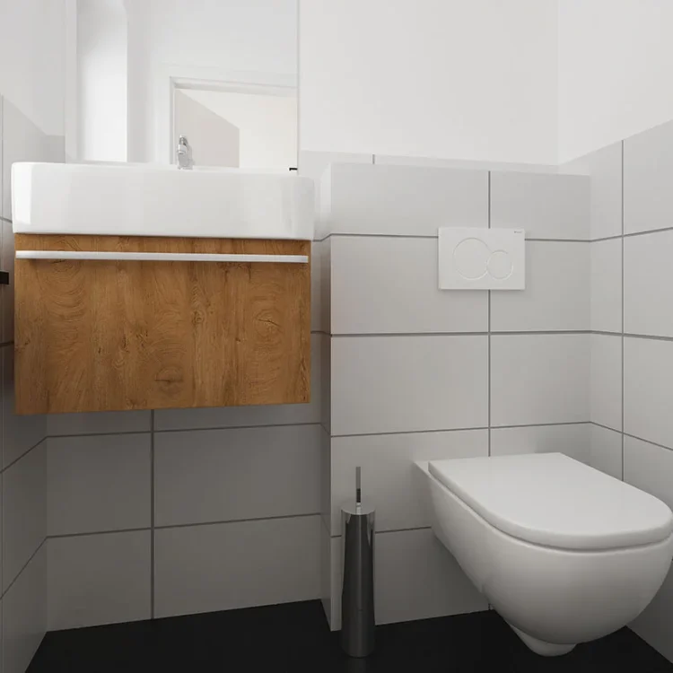 Modernes Gäste-WC mit wandhängendem WC, Waschtisch in Holzoptik und grauen Fliesen