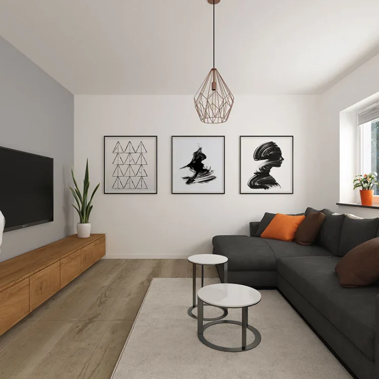 Modernes Wohnzimmer mit grauer Eckcouch, Holz-TV-Lowboard, geometrischen Wandbildern und kupferfarbener Pendelleuchte