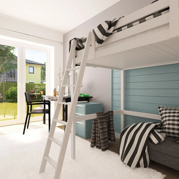Modernes Kinderzimmer mit weißem Hochbett, türkiser Holzwand, grauem Sofa und Blick in den Garten