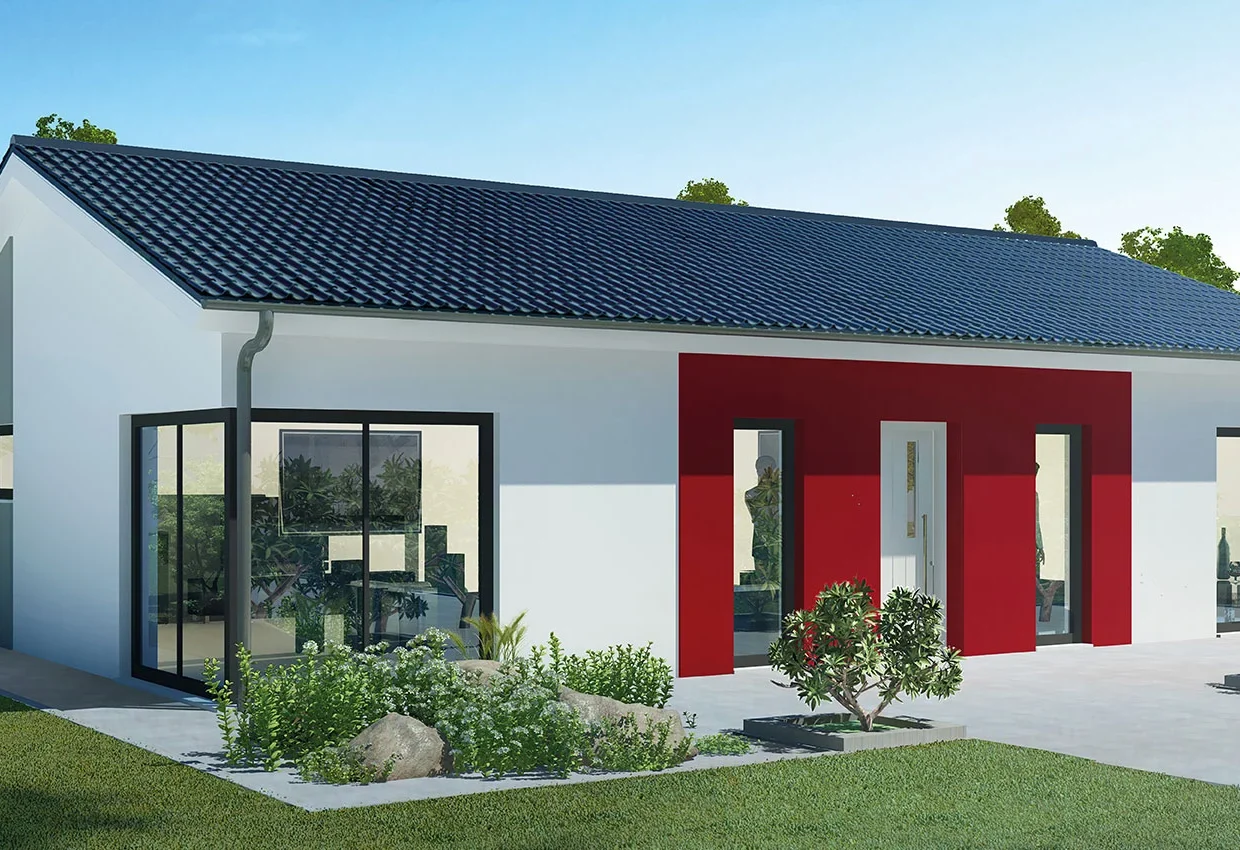 Moderner Bungalow mit weißer Fassade, rotem Akzent am Eingang, dunklem Satteldach und gepflegtem Garten