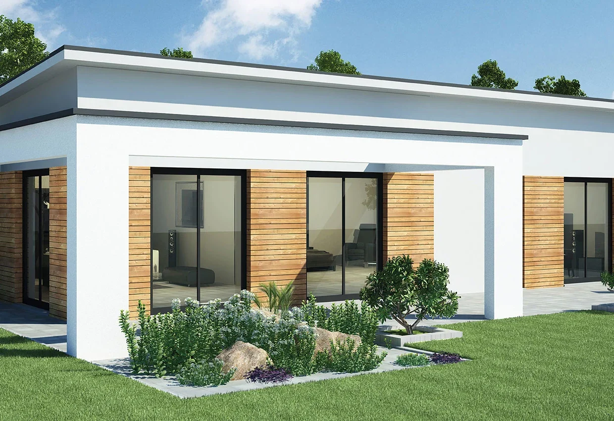 Moderner Bungalow mit Flachdach, weißer Fassade, Holzelementen und großen Fenstern in gepflegtem Garten
