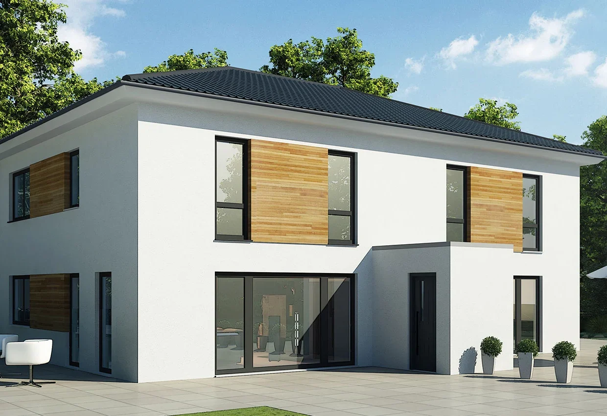 Modernes zweistöckiges Doppelhaus mit weißer Fassade, Holzelementen und großen Fensterfronten in grüner Umgebung