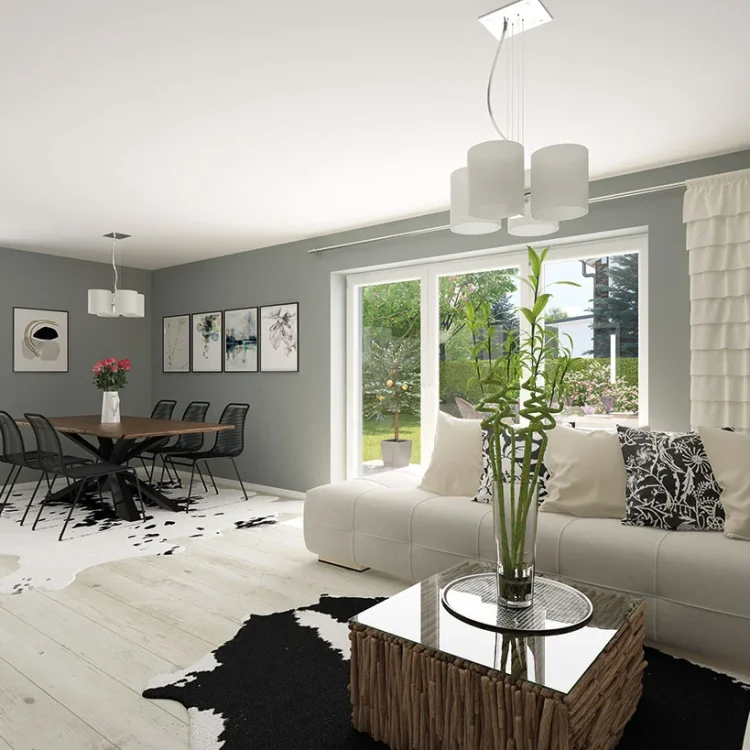 Modernes Wohnzimmer mit grauer Wand, beigem Sofa, Holzcouchtisch und angrenzendem Essbereich mit Holztisch