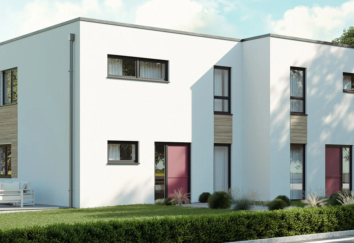 Modernes Doppelhaus mit weißer Fassade, Flachdach und roten Eingangstüren, umgeben von gepflegtem Garten