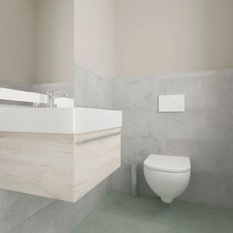 Modernes Gäste-WC mit wandhängendem Waschbecken in Holzoptik, Wandtoilette und grauen Fliesen