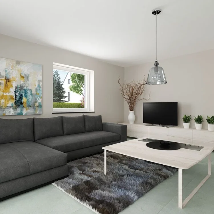 Modernes Wohnzimmer mit grauer Eckcouch, weißem Couchtisch, TV-Lowboard und buntem abstraktem Wandbild