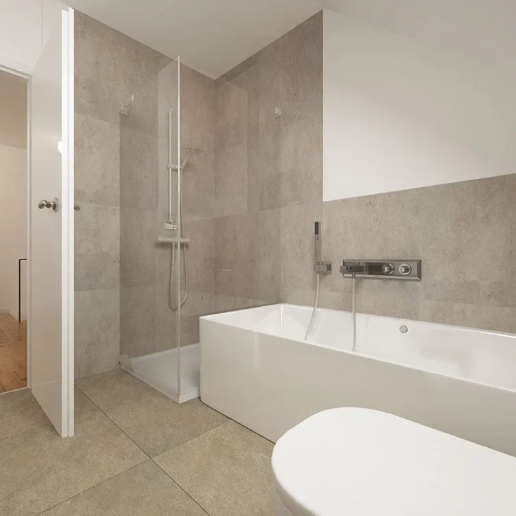 Modernes Badezimmer mit begehbarer Dusche, weißer Badewanne und beigen Fliesen im Doppelhaus DH 130