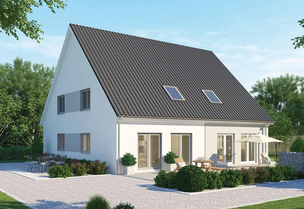 Modernes weißes Doppelhaus mit grauem Satteldach, großer Terrasse und gepflegtem Garten mit Kiesweg