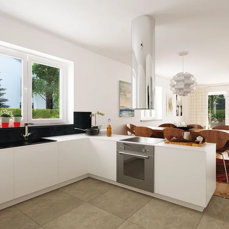 Moderne weiße L-förmige Küche mit schwarzer Arbeitsplatte, Edelstahl-Backofen und Blick in offenen Essbereich