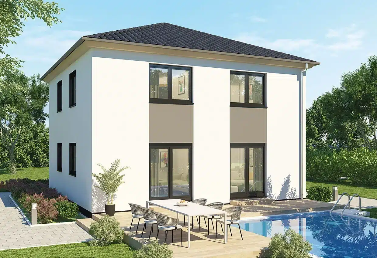 Moderne zweistöckige Stadtvilla mit weißer Fassade, Pool und Terrasse in grüner Gartenlandschaft