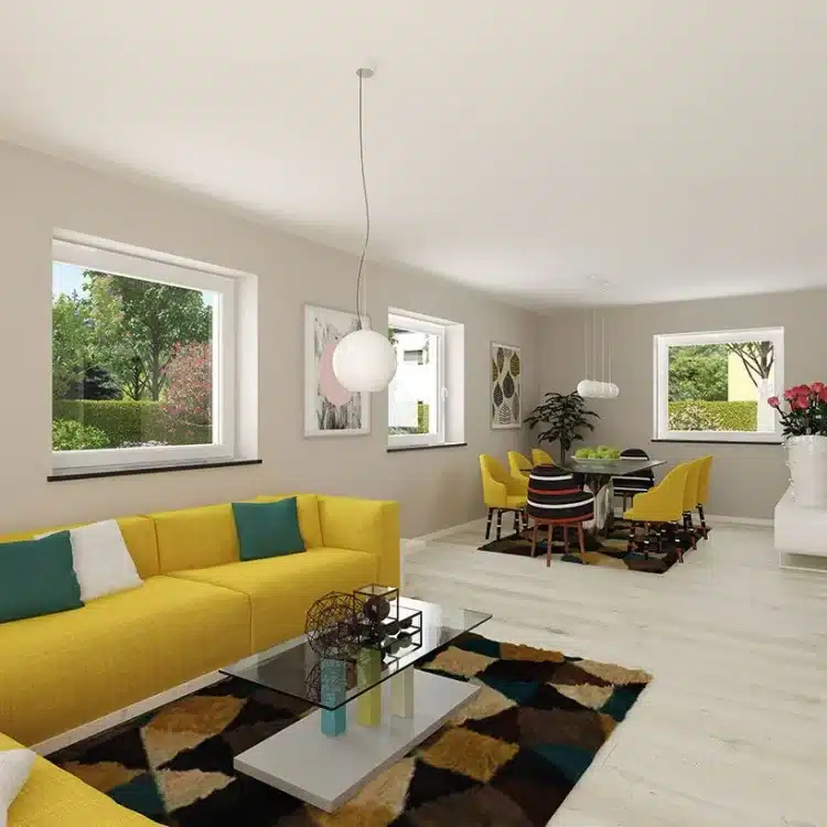 Moderner Wohn-Essbereich mit gelber Eckcouch, Glastisch, rundem Esstisch und großen Fenstern mit Gartenblick