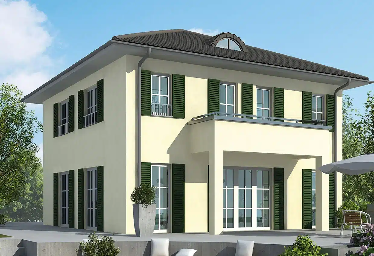 Moderne zweistöckige Stadtvilla mit grünen Fensterläden, überdachter Terrasse und gepflegtem Garten