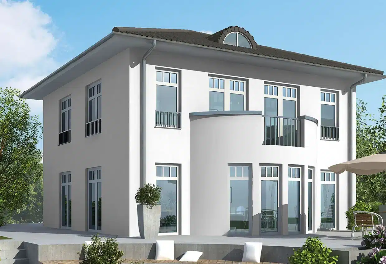 Moderne weiße Stadtvilla mit zwei Stockwerken, großen Fenstern, rundem Erker und Terrasse im grünen Garten