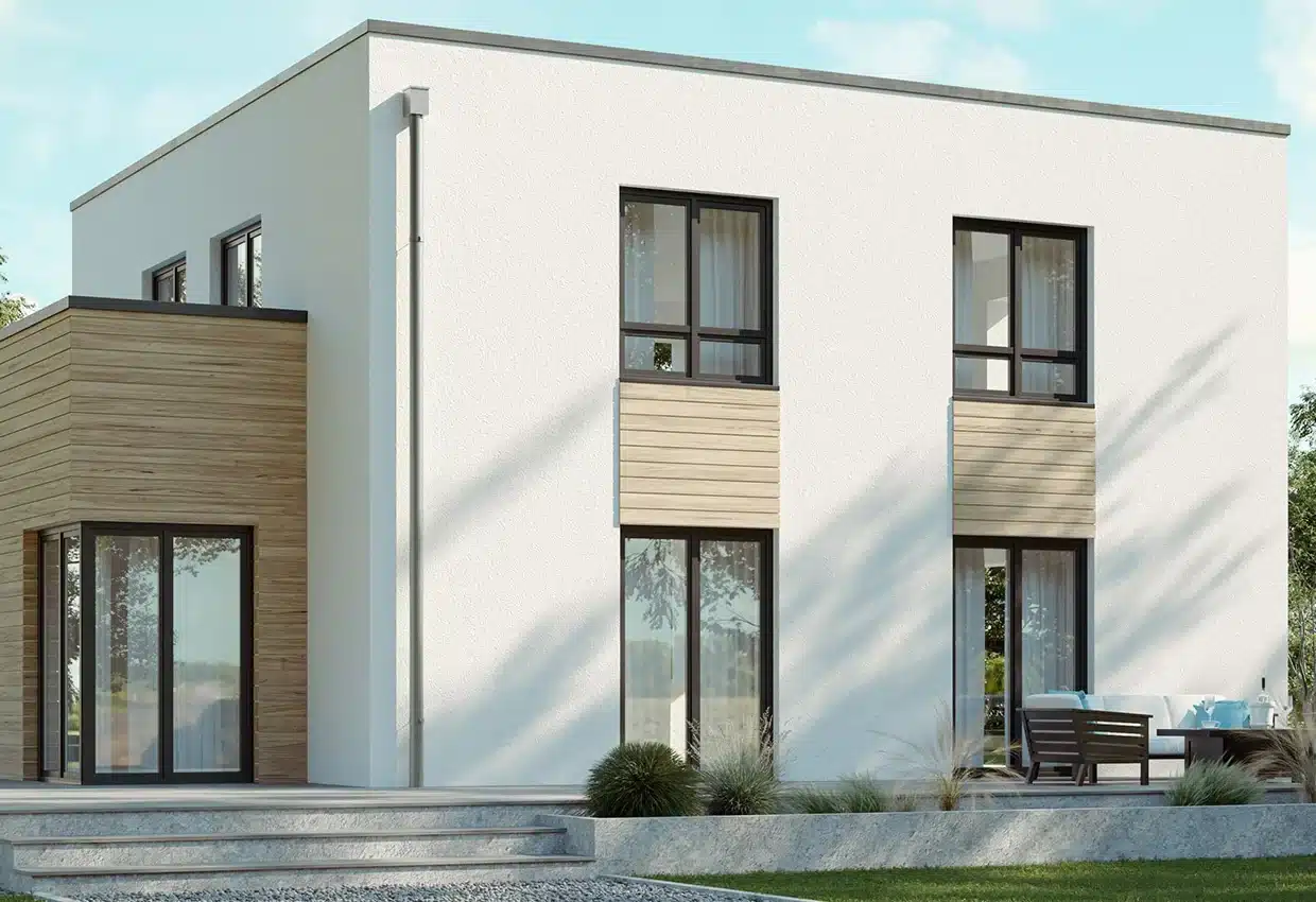 Moderne zweistöckige Stadtvilla mit weißer Fassade, Holzelementen und großen Fenstern in gepflegter Gartenanlage