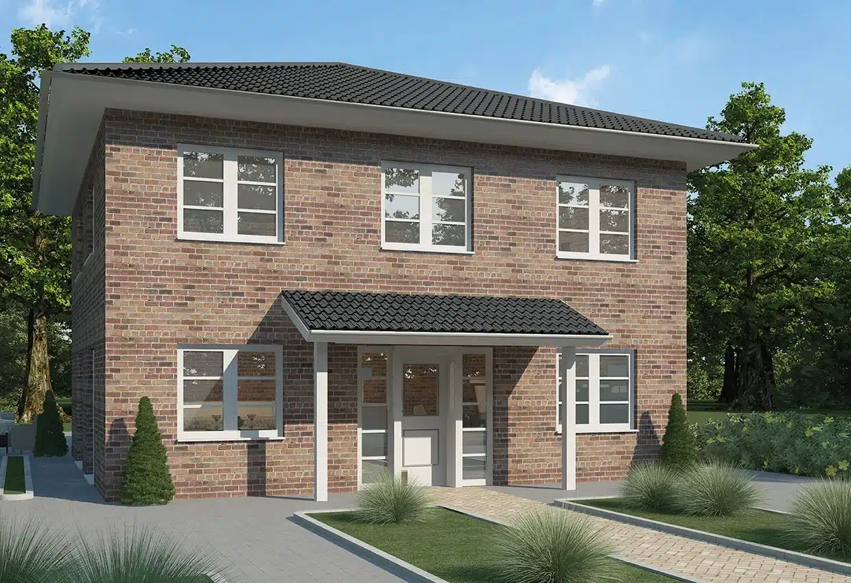 Moderne Stadtvilla mit roter Backsteinfassade, weißen Fenstern und überdachtem Eingang inmitten grüner Landschaft