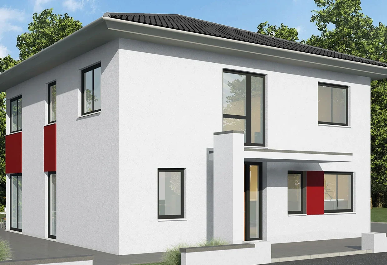 Moderne zweistöckige Stadtvilla mit weißer Fassade, roten Akzenten und großen Fenstern in grüner Parklandschaft