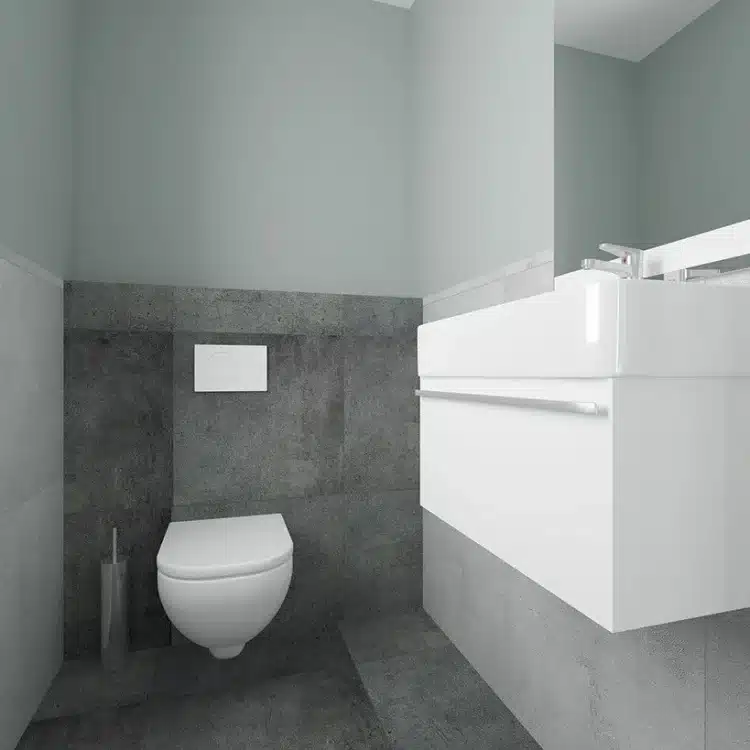 Modernes Gäste-WC mit wandhängendem WC, grauer Betonoptik-Wand und weißem Waschtischunterschrank