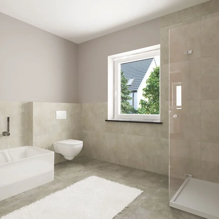 Modernes Badezimmer mit beiger Fliesenoptik, ebenerdiger Dusche, Wandtoilette und Badewanne mit Fensterblick