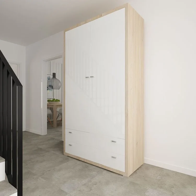 Moderner Eingangsbereich mit weißem Einbauschrank aus Holz, schwarzem Treppengeländer und grauem Betonboden