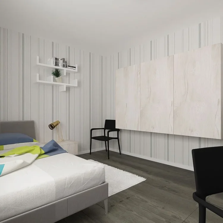 Modernes Kinderzimmer mit weißem Bett, bunter Bettwäsche, Wandregalen und schwarzem Stuhl in Stadtvilla SV 155