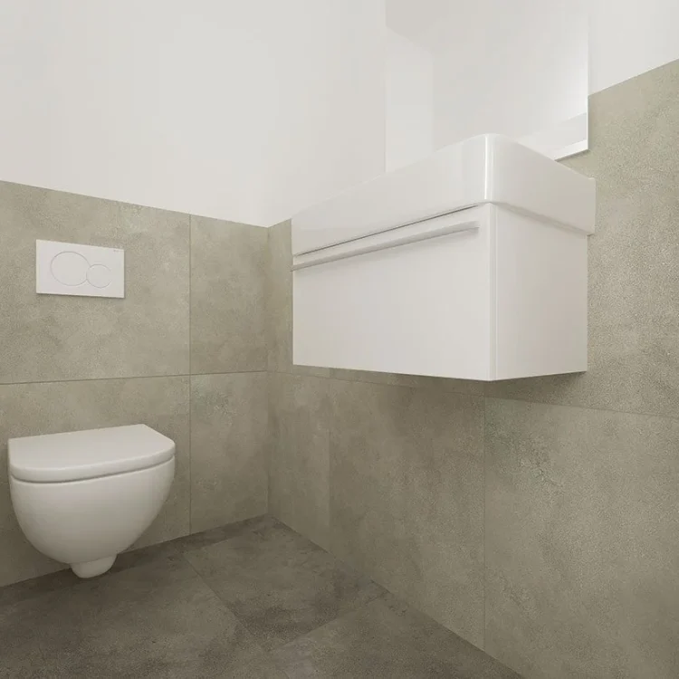 Modernes Gäste-WC mit grauem Feinsteinzeug, wandhängendem WC und weißem Waschtischunterschrank