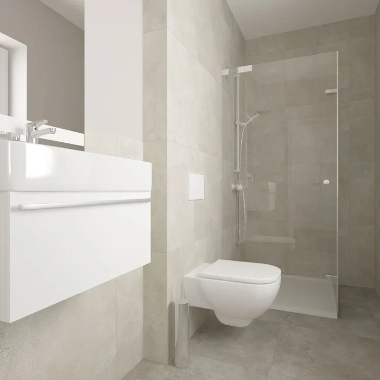 Modernes Badezimmer mit weißem Waschtisch, Wandtoilette und begehbarer Glasdusche in beigen Farbtönen