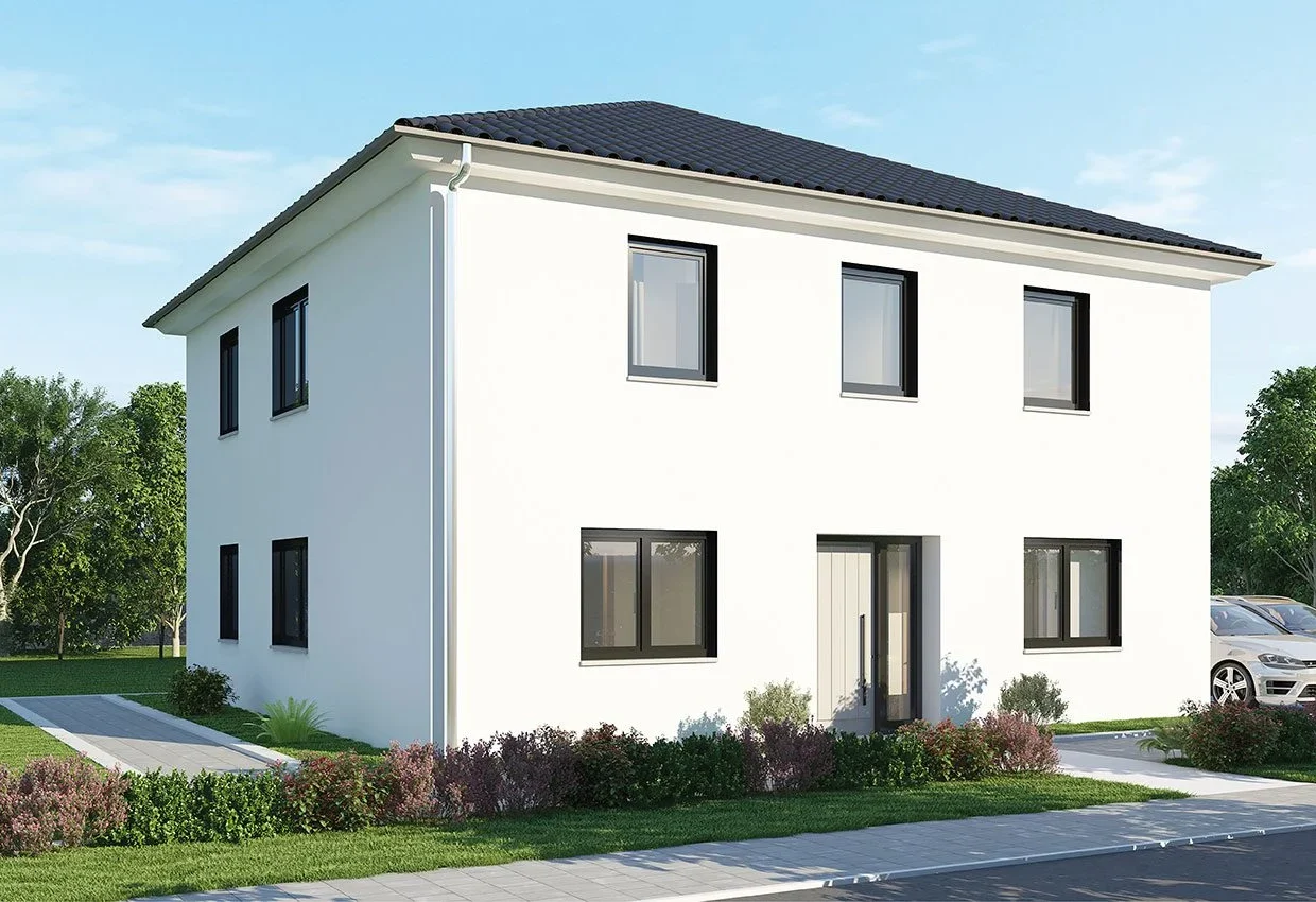 Moderne weiße Stadtvilla mit zwei Stockwerken, dunklem Dach und großen Fenstern in gepflegter Gartenlandschaft