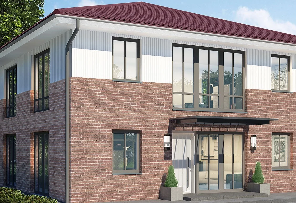 Moderne zweistöckige Stadtvilla mit rotem Ziegeldach, Klinker-Fassade und großen Fenstern in grüner Umgebung