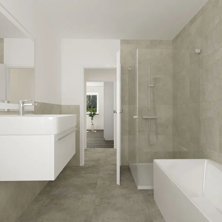 Modernes Badezimmer mit weißer Badewanne, Glasdusche, schwimmendem Waschtisch und beigen Fliesen