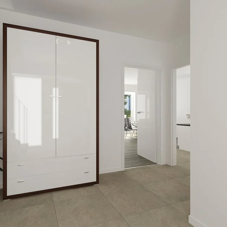 Moderner Eingangsbereich mit weißem Einbauschrank, braunem Rahmen und Schubladen, Fliesenboden und grüner Pflanze