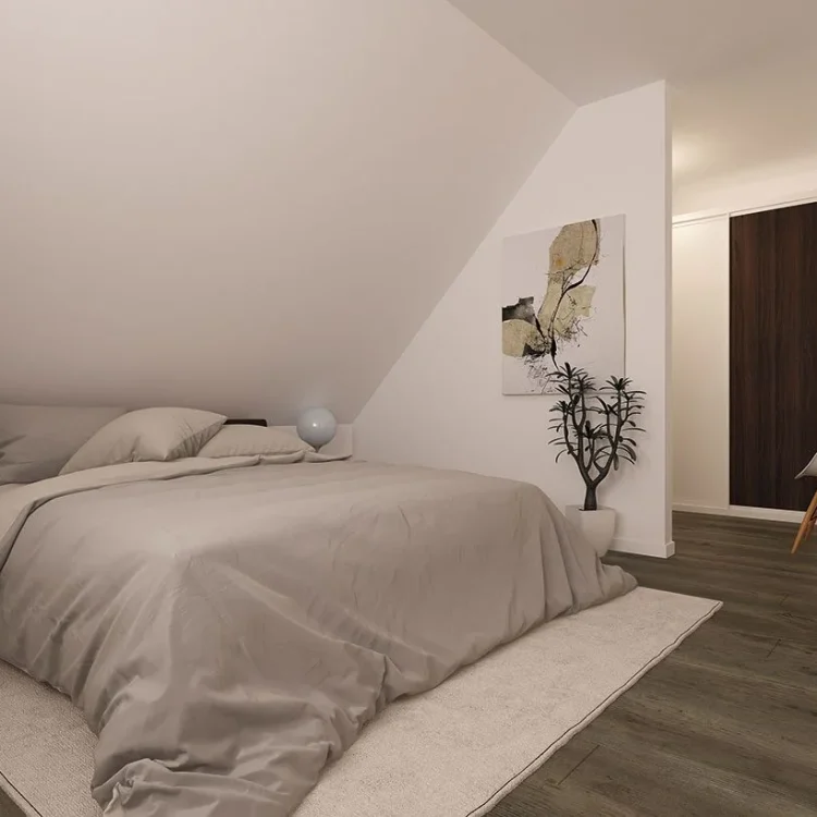Modernes Schlafzimmer mit Dachschräge, beigem Bett, Wandbild, Pflanze und Designer-Stuhl in neutralen Farbtönen