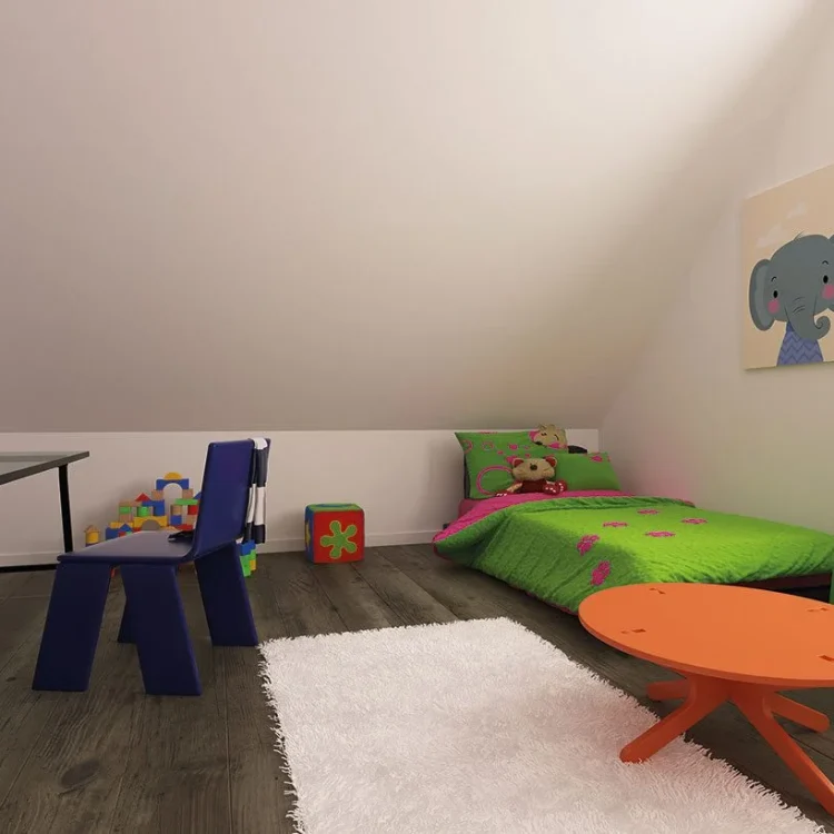 Kinderzimmer mit bunten Möbeln, grüner Bettwäsche, orangem Tisch, blauem Stuhl und Elefanten-Wandbild