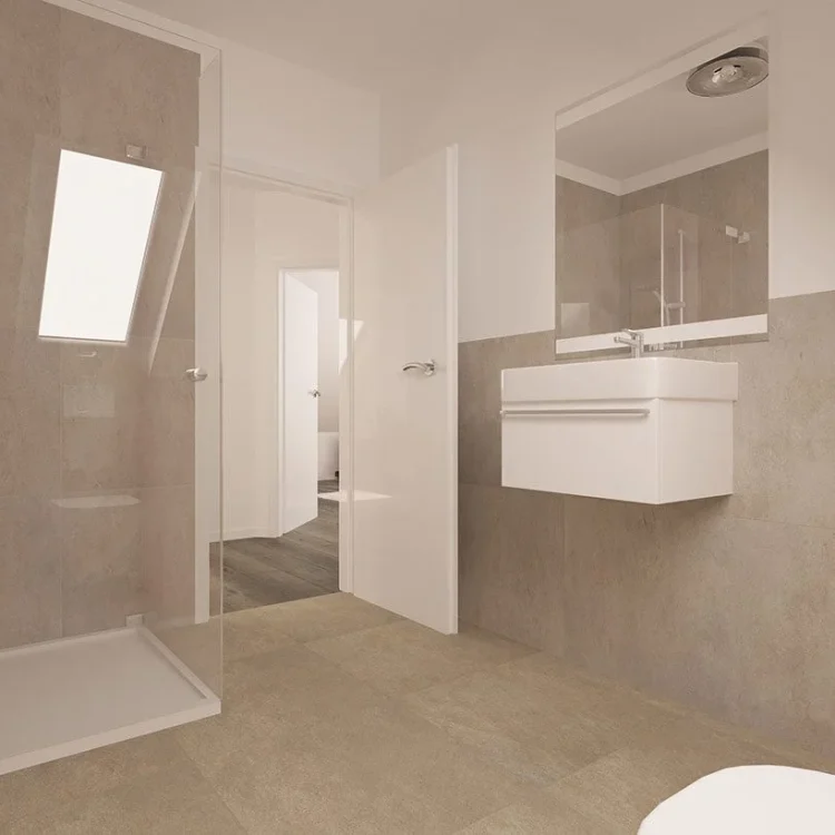 Modernes Kinderbadezimmer in Beige mit bodentiefer Dusche, wandhängendem Waschtisch und großem Spiegel