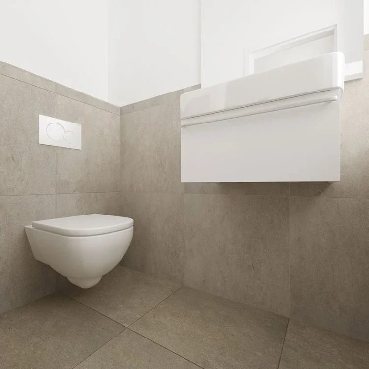 Modernes Badezimmer mit wandhängendem WC, weißem Waschtisch und beigen Fliesen in minimalistischem Design