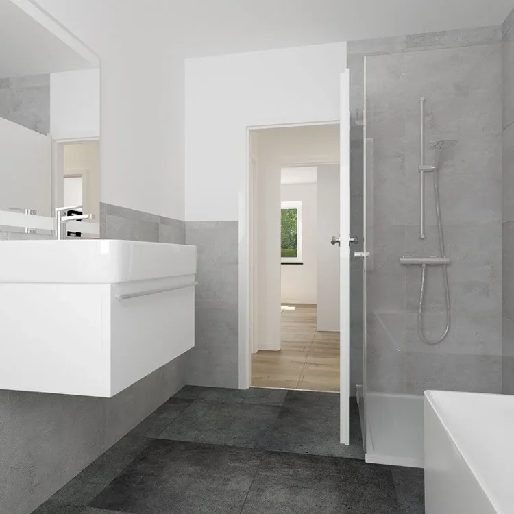 Modernes Badezimmer mit weißem Waschtisch, grauen Fliesen, ebenerdiger Dusche und freistehender Badewanne