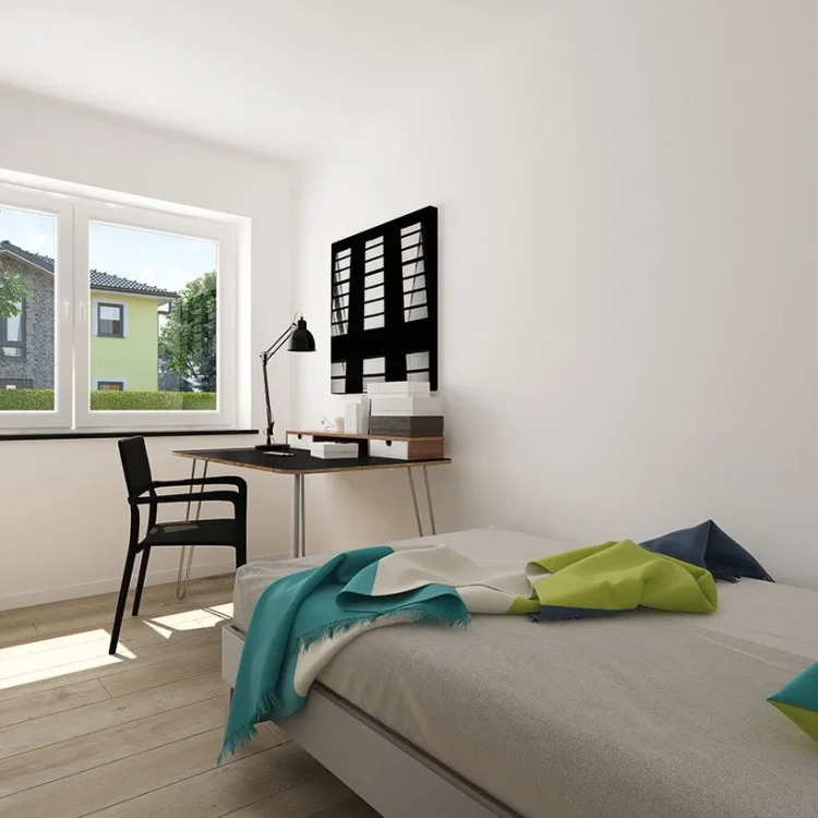 Modernes Kinderzimmer mit Bett, Schreibtisch am Fenster, bunten Kissen und Blick auf Nachbarhäuser